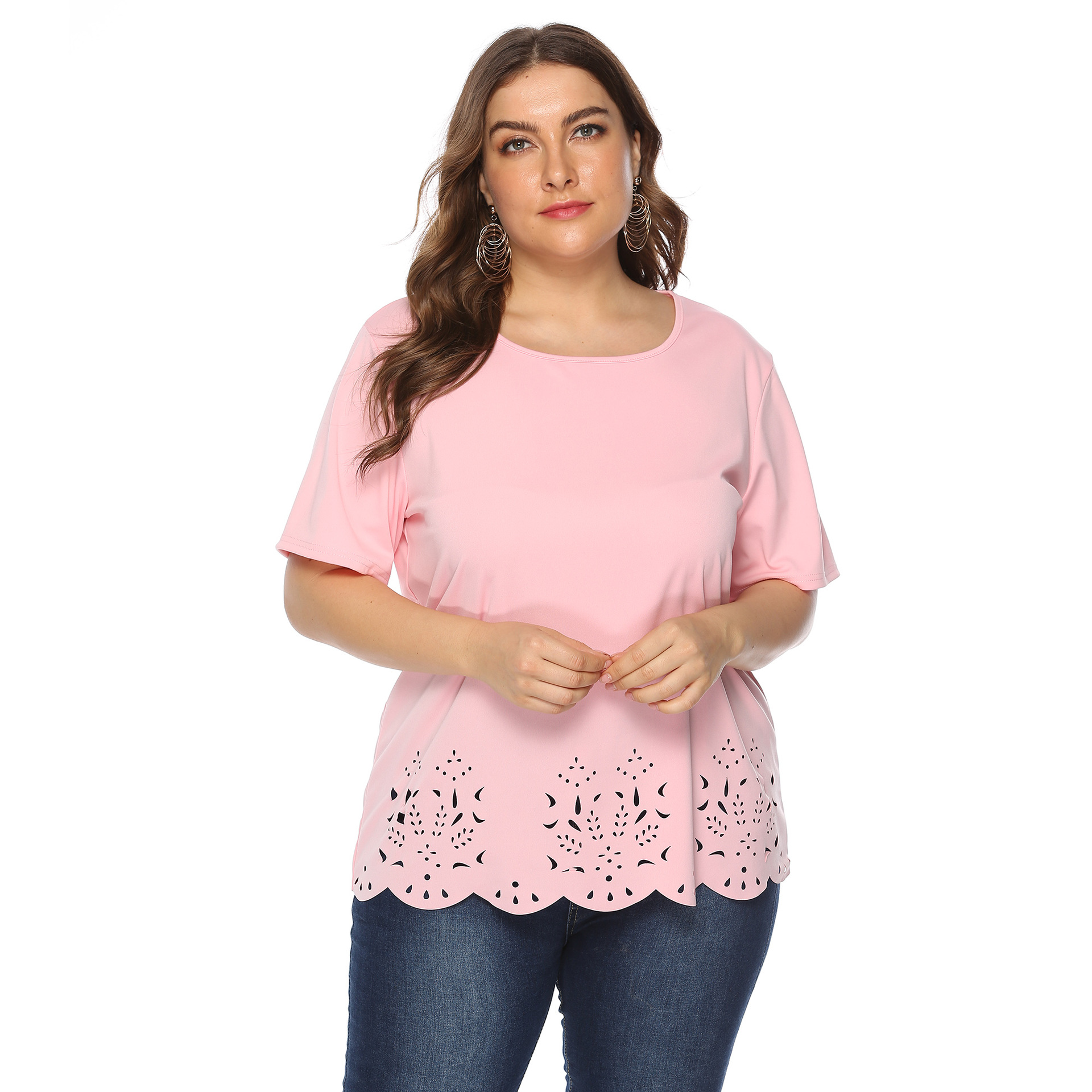 Cross-border plus size women's solid color burnt flower hollow wave edge simple casual round neck short sleeve T-shirt top for women 10019