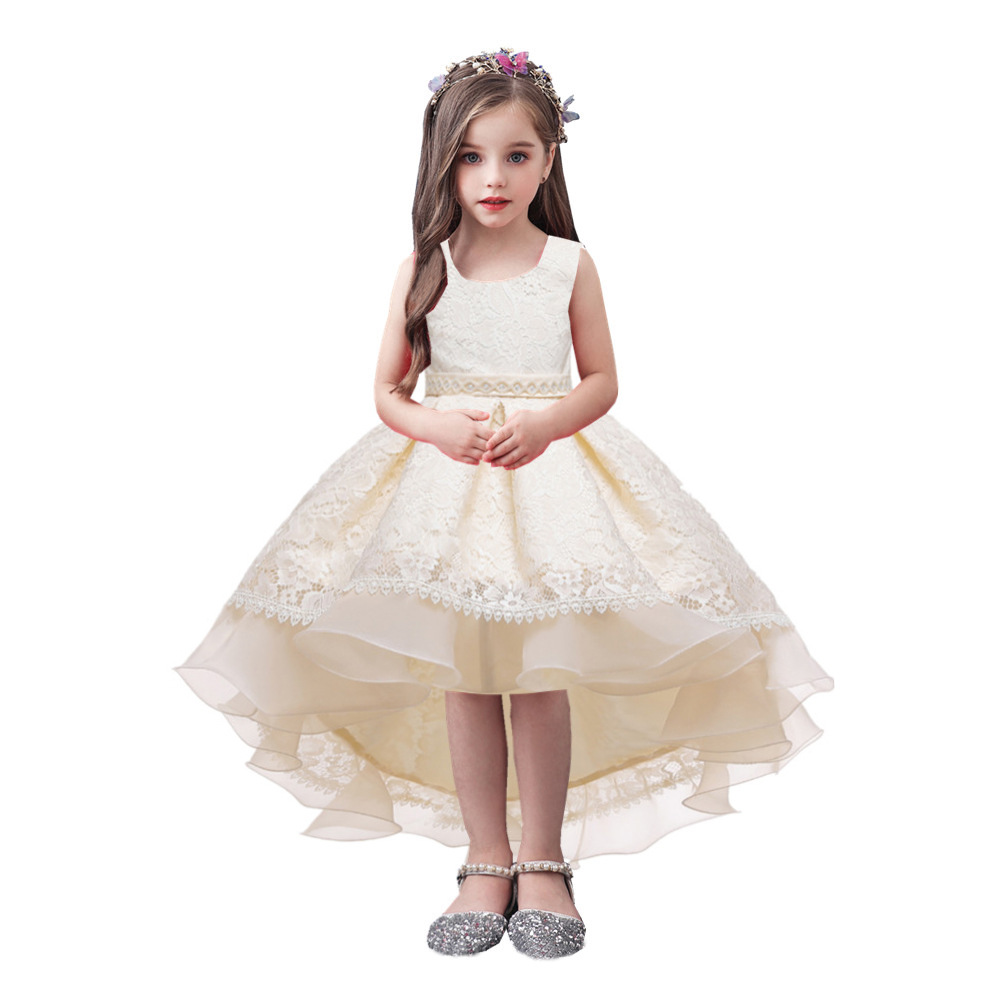 Cross-border European and American Children's Trailing Dress Sleeveless Lace Large and Large Girls Solid Color Princess Performance Stage dress
