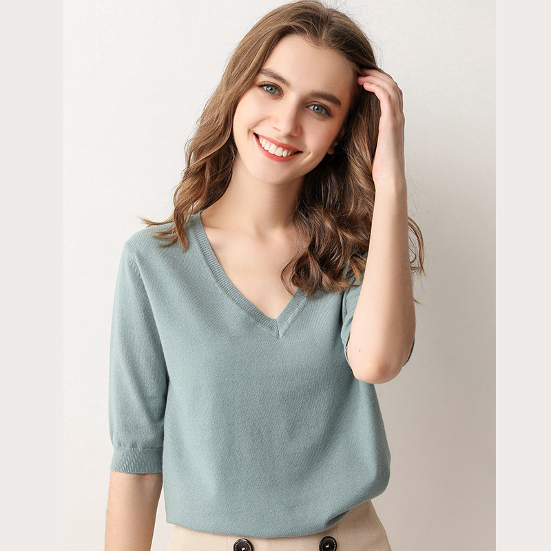 Summer Short-sleeved Women's T-shirt Women's Western-style Sweater Knitted Shirt V-neck Half-sleeve Trendy Korean-style Loose Base Shirt T-shirt