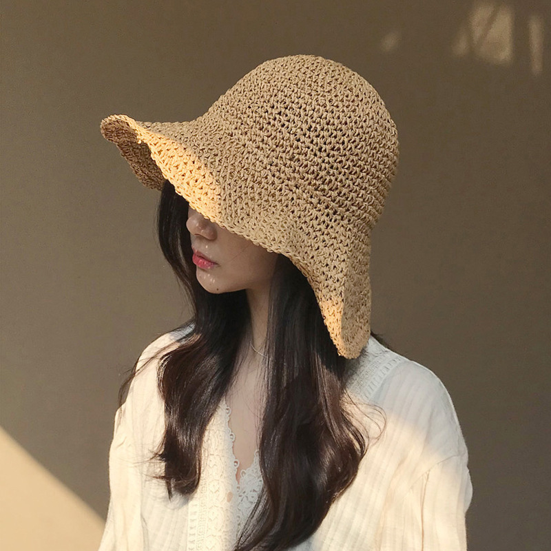 帽子の女性の韓国版の潮夏の日よけの日よけの帽子は顔の漁師の帽子のビーチの大きいつばを覆って小さい清新な麦わら帽子を畳むことができます。|undefined