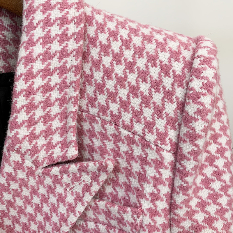 Spot European and American quality sharp 2024 autumn and winter suit collar slim pink houndstooth wool coat coat_voghion.com