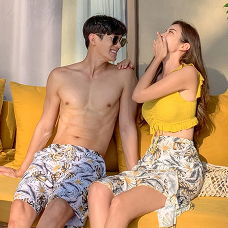 INS Style New Sexy Lace Fashion Printed Lovers Split Skirt Swimsuit Women's Three-Piece Beach Pants for Men