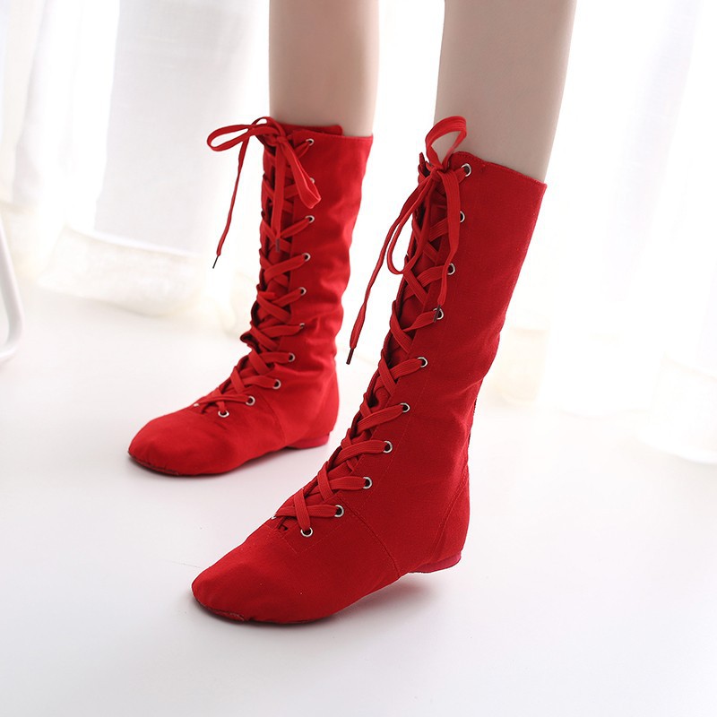 Black Extended Canvas Jazz Boots High-rise Modern Dance Shoes High-top Women's Soft-soled Dance Shoes Sports Practice Stage Performance