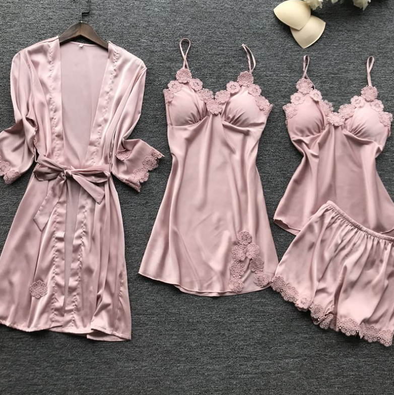 Independent Station Women's Sexy Home Wear Pajamas Summer Sexy Pajamas Four-piece Set Korean Style Sling Women's Belt Chest Pad Factory