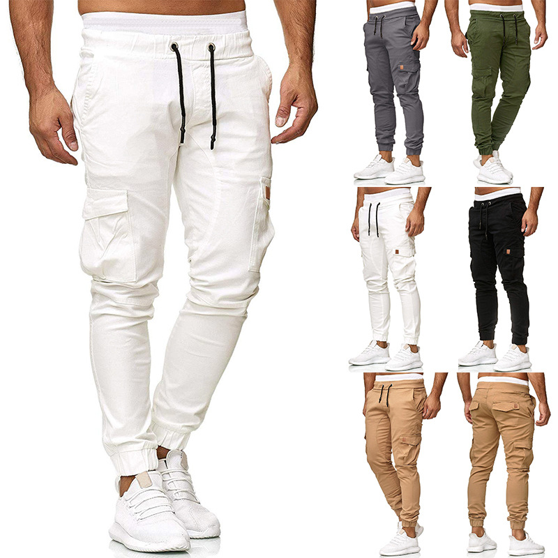 2023 new European size men's parquet tether belt toe casual pants solid color leggings men's new rice White