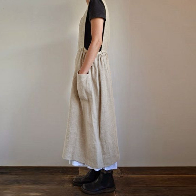 2023 Cross-border Source ebay Women's Cotton and Linen Apron High Waist Long Wai Home Clothes Loose Long Dress