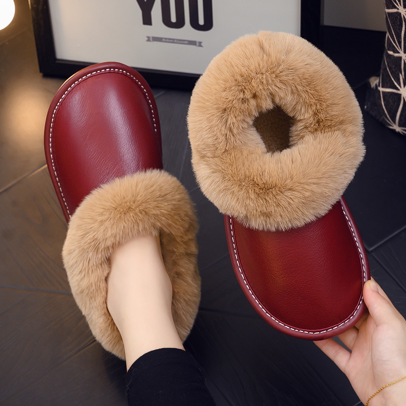 Full-bag leather cotton slippers with heel winter cowhide for the elderly home indoor anti-slip velvet warm cotton shoes