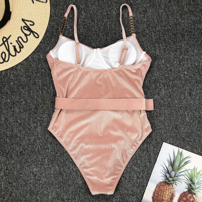 New Amazon European and American Women's One-piece Swimsuit Special Cloth Waist Buckle Metal Chain Shoulder Strap Sexy One-piece Bikini