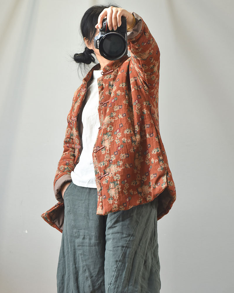 Naran/original plus size cotton and linen women's clothing Chinese cardigan stand collar casual cotton-padded clothes vintage printed warm cotton-padd_voghion.com