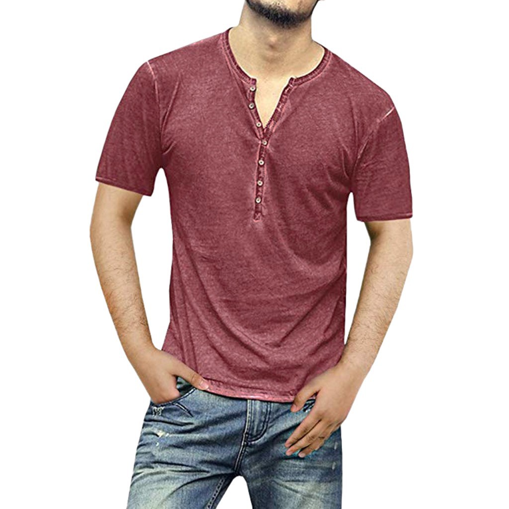 2020 Amazon wish AliExpress new distressed small V-neck cardigan men's casual short sleeve Henry shirt T-shirt