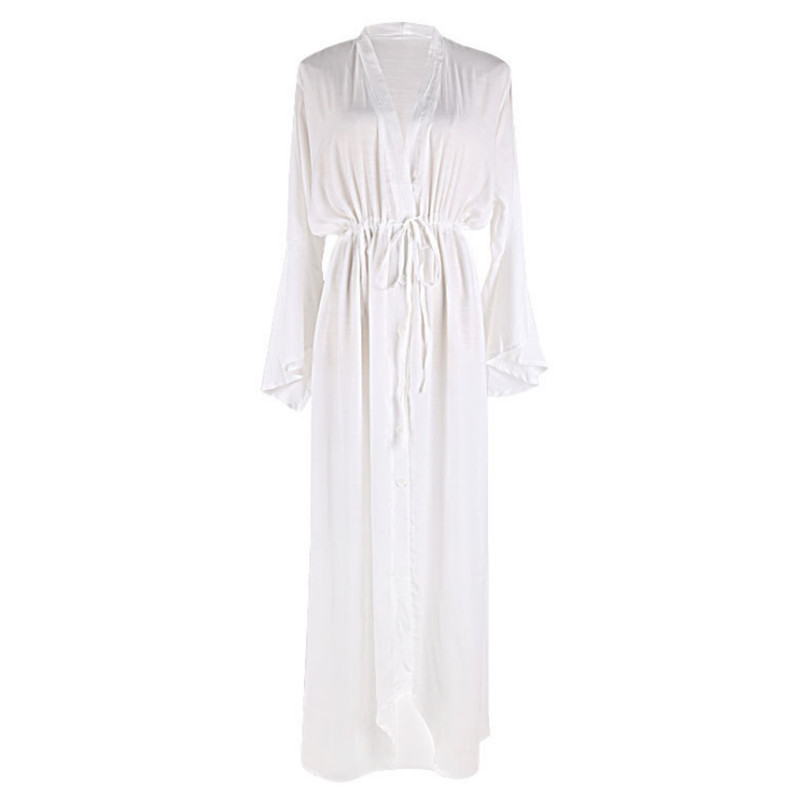 Cross-border European and American new slub cloth bell sleeve sexy deep V-neck beach dress holiday blouse swimsuit sun protection shirt for women