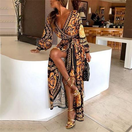 2024 Amazon eaby New European and American Bohemian V-neck Retro Positioning Flower Long Sleeve dress