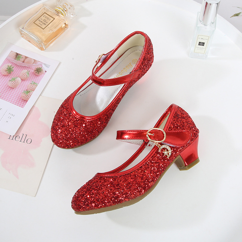 Cross-border Amazon Girls High Heels Children's Leather Shoes Korean Princess Shoes Sequin Student Dance Shoes Spring and Autumn Shoes