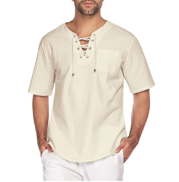 外贸夏季新款男士短袖T恤棉麻系带领子休闲男T恤衬衣