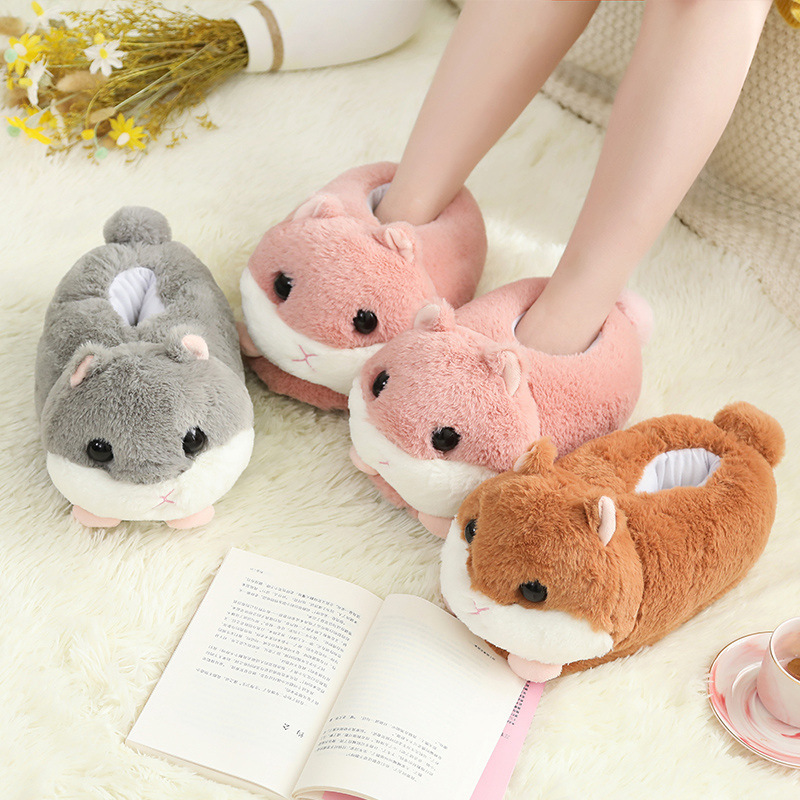 Factory direct simulation hamster plush home slippers cute girl heart mouse floor non-slip hamster bag heel shoes