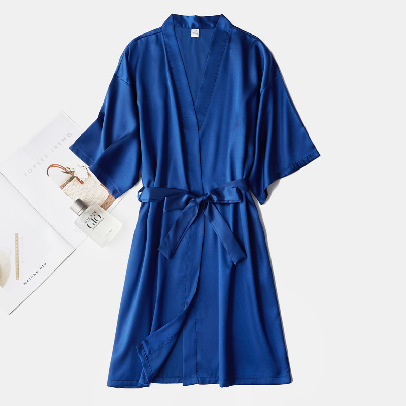 Women's Half-Sleeve Silk Nightgown Wedding Makeup Gown Thin Cardigan Gown Bridal Morning Gown Girlfriend Gown Solid Color Wordless