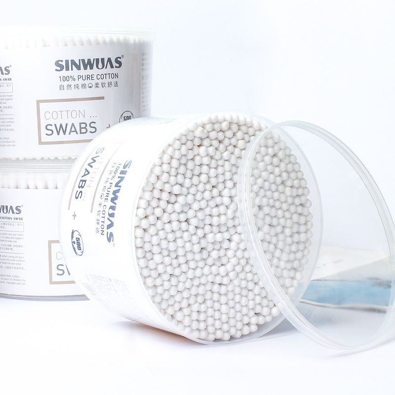 Big Bucket Family Pack 500 Cotton Swabs Round Box Disposable Cotton Swabs Double Head Cotton Stick Picked Ear Picked Ear Cosmetic Cotton