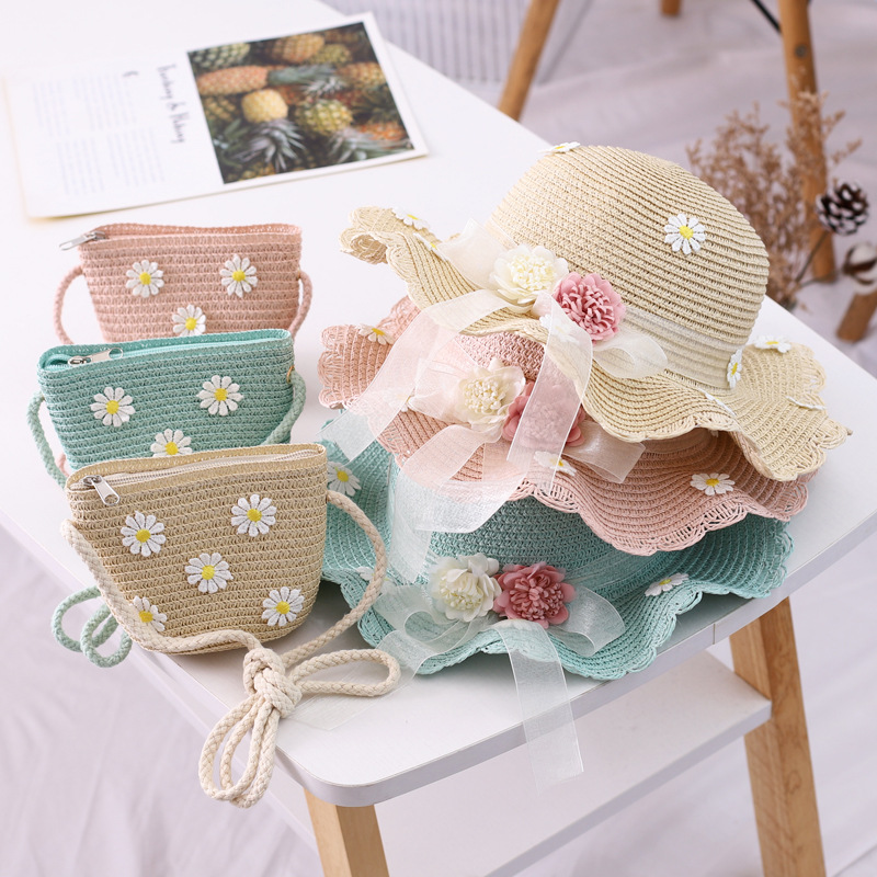 Chapeau de paille pour fille, chapeau d'été en ruban de paille, chapeau pare-soleil à fleurs, chapeau de pêcheur, ensemble de sacs de protection solaire parent-enfant_voghion.com