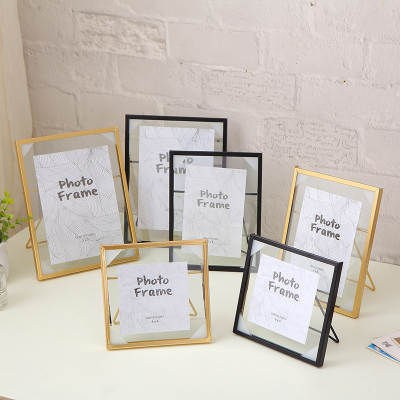 Wholesale desktop ornaments square mini photo frame 5678 inch transparent glass metal bracket photo frame table