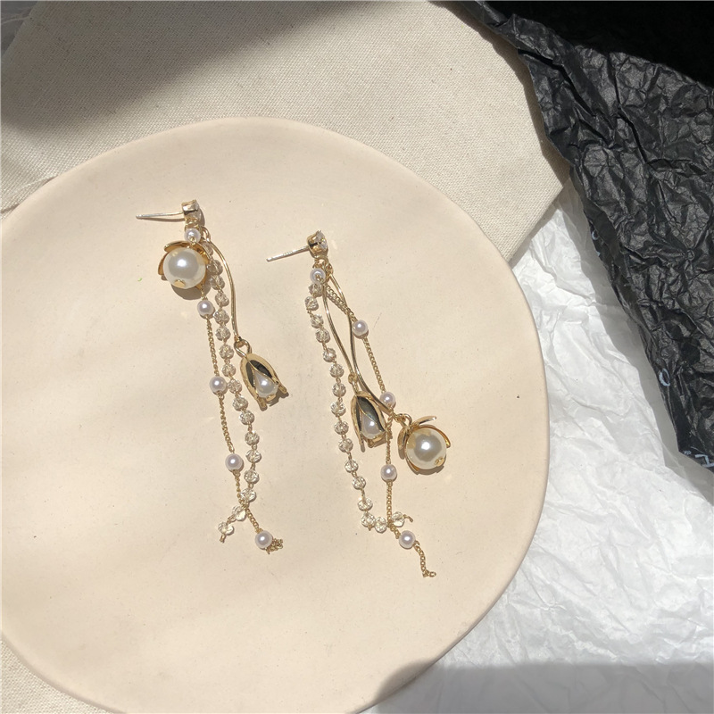 Korean Super Fairy Elegant Long Tassel Earrings Women's Rose Flower Pearl Earrings for Face Skinny Retro Earrings Earrings
