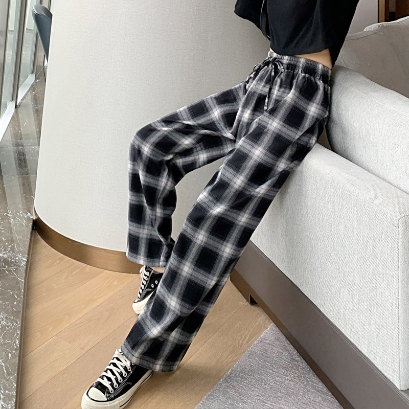 Black and White Plaid Pants Women's Spring and Autumn New High Waist Loose Straight Tube Draping Internet Popular Casual Floor Mopping Pants Wide Leg Pants