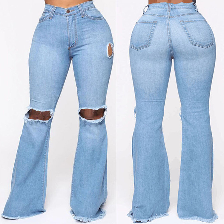 Fall 2020 European and American cross-border women's jeans ripped slim fit micro flared pants women's pants women's jeans