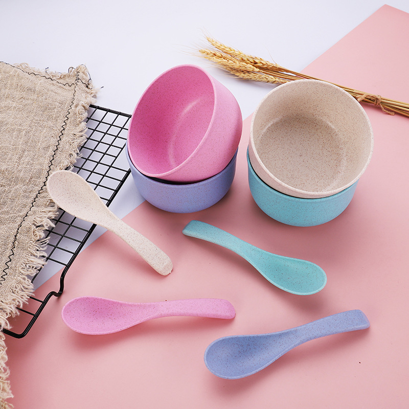 Wheat Straw Bowl and Spoon Set Oatmeal Bowl Children's Outdoor Picnic Tableware Two-piece Set Four-color Gift Wholesale