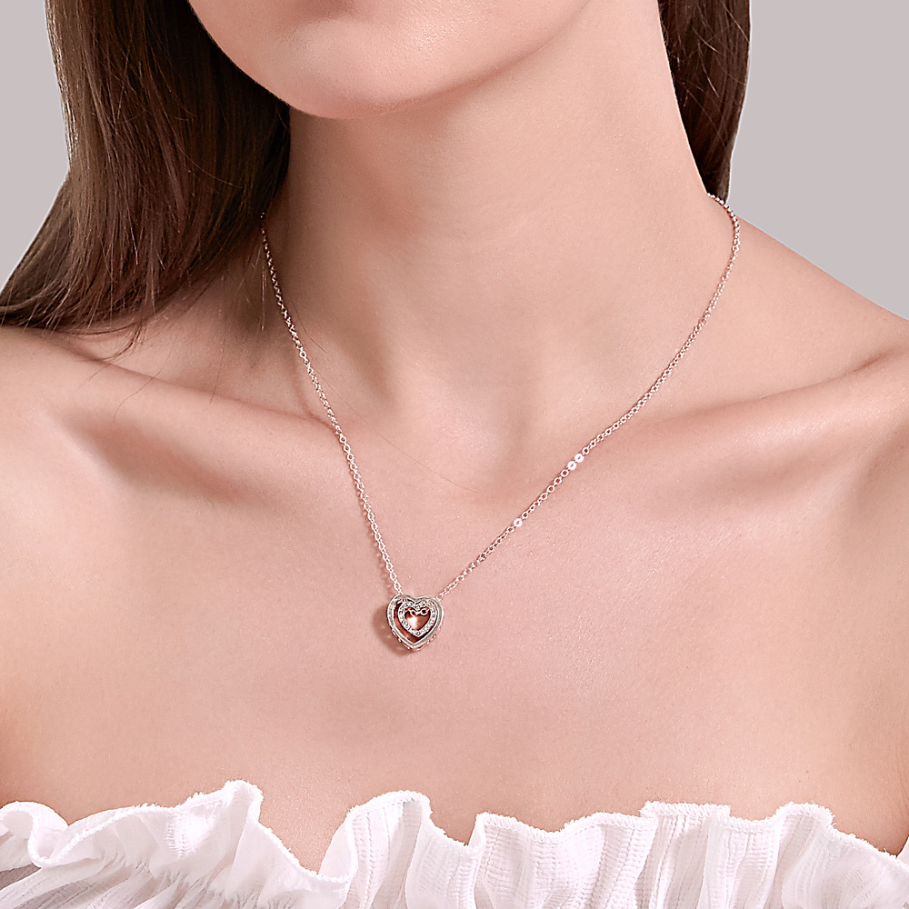 Japanese and Korean Style Simple Double Love Necklace Fashion All-match Full Diamond Hollow Crystal Double Heart Pendant Clavicle Chain Trendy Jewelry