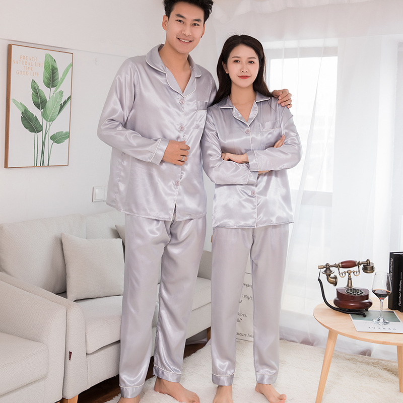 2020 spring and summer new silk-like couple pajamas two-piece set solid color men's and women's long-sleeved trousers couple's home wear