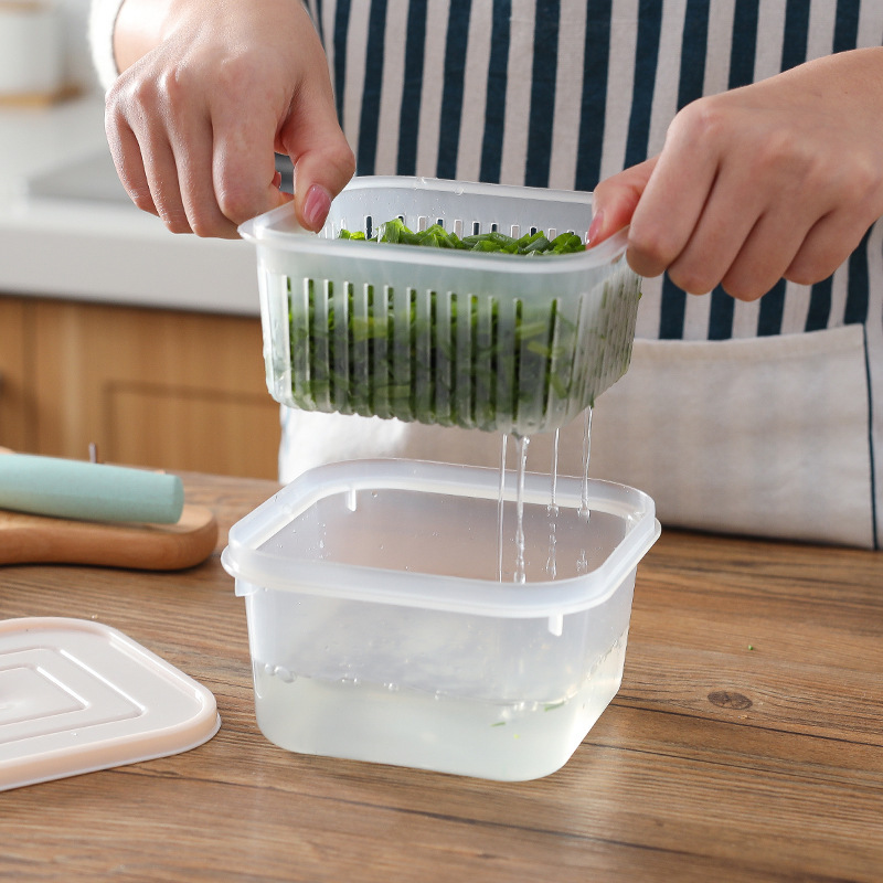 Scallion and Ginger Slices Preservation Box with Lid Drain Storage Box Refrigerator Fruit and Vegetable Storage Box Kitchen Square Sealed Jar