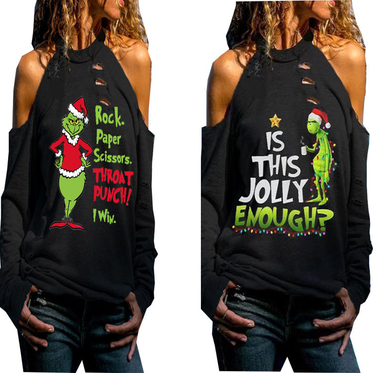 2020 New Independent Station European and American Best Selling Women's Shoulder Irregular Long Sleeve T-shirt Christmas Printed Funny T-shirt