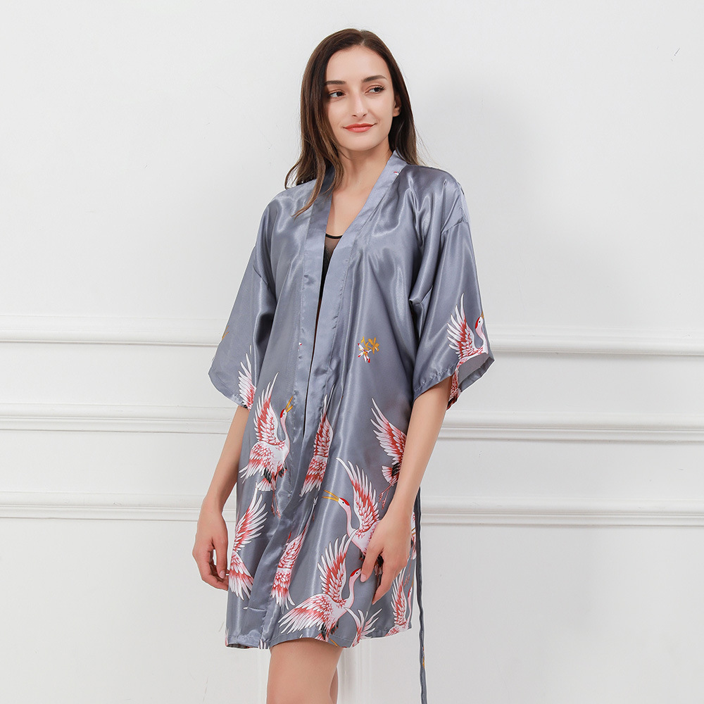 Amazon 2020 Summer Silk-like Women's Nightgown Cross-border Crane Short Printed Pajamas Women's Bathrobe Morning Gown