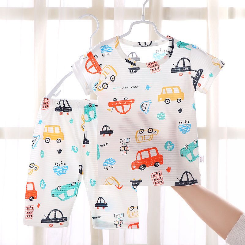 Children's short sleeve shorts bamboo cotton summer pajamas set baby home clothes thin cotton half sleeve a generation of hair