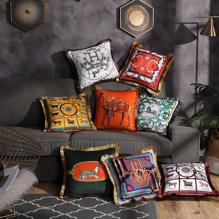 Light Luxury Velvet Double-sided Printed Tassel Pillow Sofa Cushion Office Waist Model Room Decoration