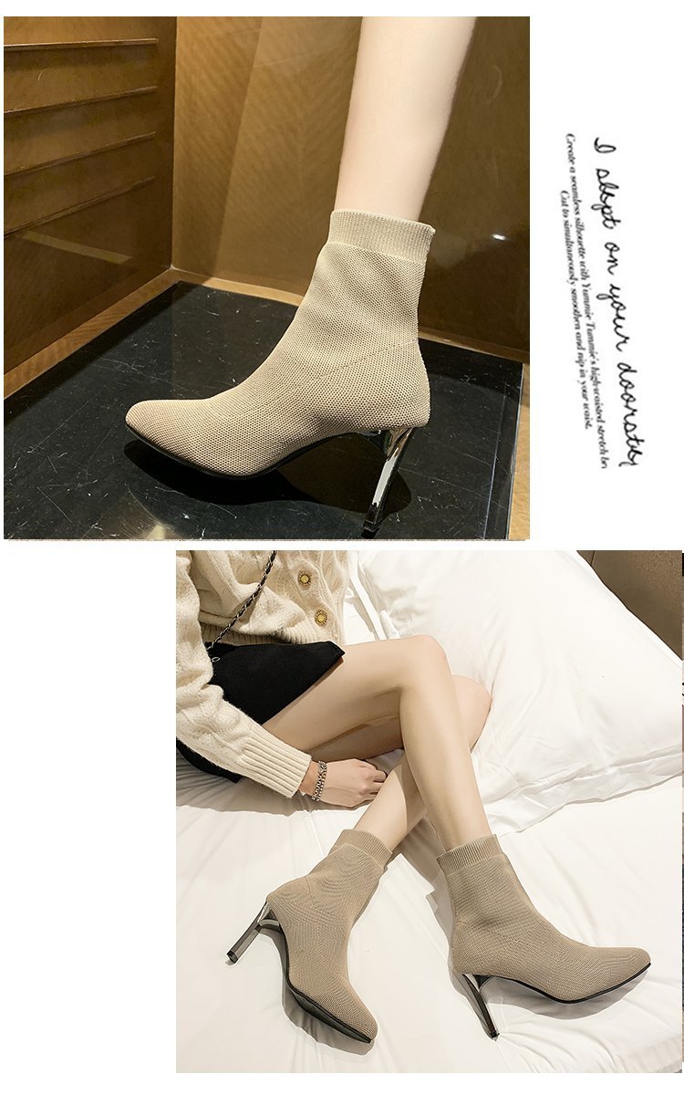 Špicaté ponožky Čižmy Dámske hrubé podpätky 2023 Jarná novinka Vysoké podpätky strečové čižmy s plochým podpätkom Vlnené čižmy Móda Krátke čižmy_voghion.com