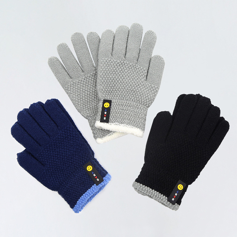 Outdoor Riding Children's Gloves Spring Student Five-finger Gloves Warm Wool Smiley Finger Gloves Wholesale 6-10 Years Old