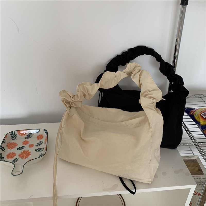 Canvas Bag Women's Korean-style Single-shoulder Pleated Drawstring Canvas Bag Small Fresh Artistic Solid Color Portable Crossbody Casual Women's Bag_voghion.com