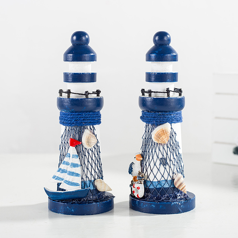Cross-Border 13cm Ocean Wooden Mini Lighthouse Mediterranean Style Home Accessories Craft Gift Ocean Lighthouse Ornaments