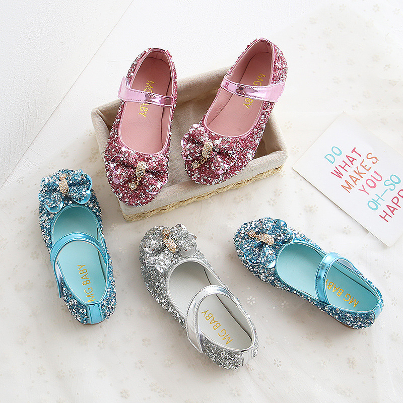 Children's Shoes 2023 Spring and Autumn New Arrival Sequined Bow Crystal Shoes Korean Style Flat Princess Casual Girl's Leather Shoes