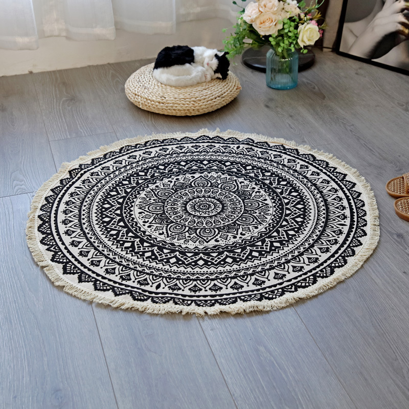 Round Cotton Woven Carpet Mandala Bohemian Style Floor Mat Living Room Bedroom Tassel Foot Mat Yoga Cushion