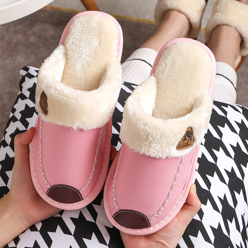 Waterproof Lint Cotton Slippers Women's Winter Dormitory Home and Household Couple's Warm Non-slip Lined Cotton Slippers for Women