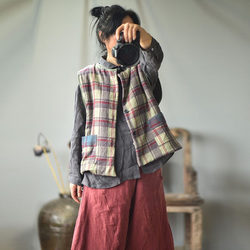 Gege/Original Cotton and Linen Women's Clothing Spring Autumn and Winter Lamb Velvet Thickened Cotton Vest Vintage Warm Shoulder Vest
