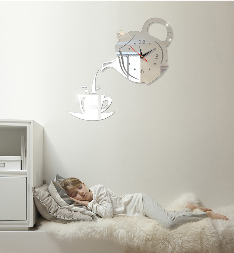 Акриловые DIY творческие самоклеящиеся Часы Указатель для гостиной немое зеркало чайник настенные наклейки 3D декоративные настенные часы