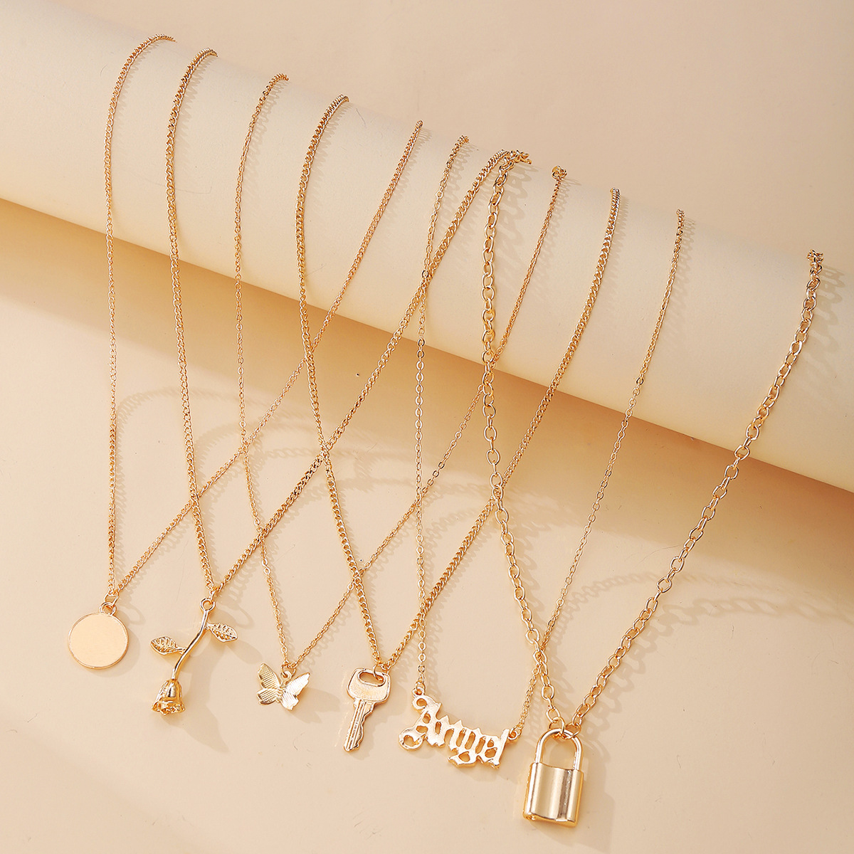 multi-layer necklace creative simple lock rose pendant necklace suit 6 pack_voghion.com