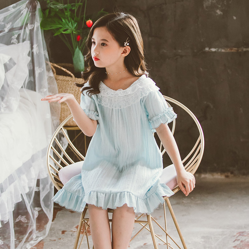 Girls nightdress female summer princess wind cotton summer children thin princess short sleeve lace half sleeve a generation of hair