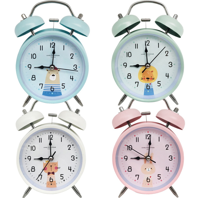 Factory direct supply 4 inch metal bell alarm clock can add logo mute with light children's clock and clock