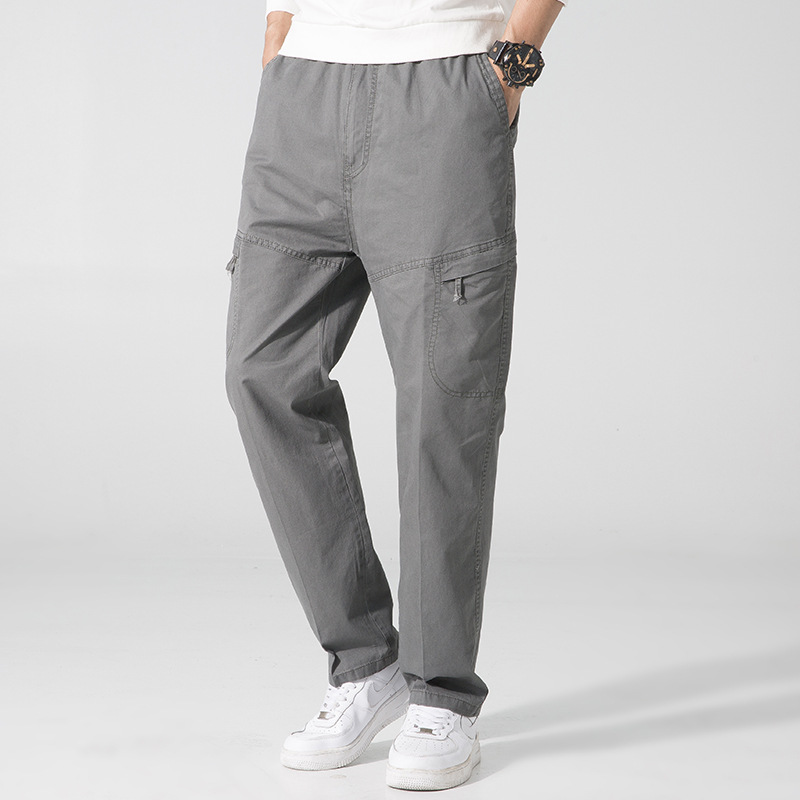 Cross-border Fat Guy Workwear Trousers Solid Color Large Size Workwear Multi-pocket Trousers Middle-aged Solid Color Washed Casual Trousers for Men