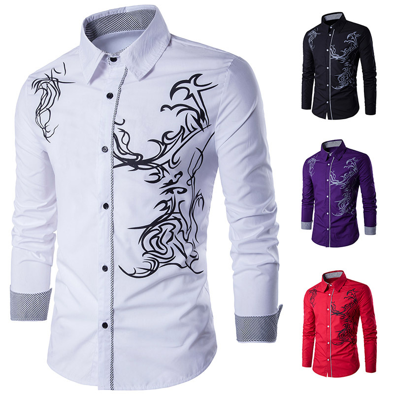 Spring New Men's Shirt Men's Long Sleeve Tattoo Print Long Sleeve Slim Fit Shirt