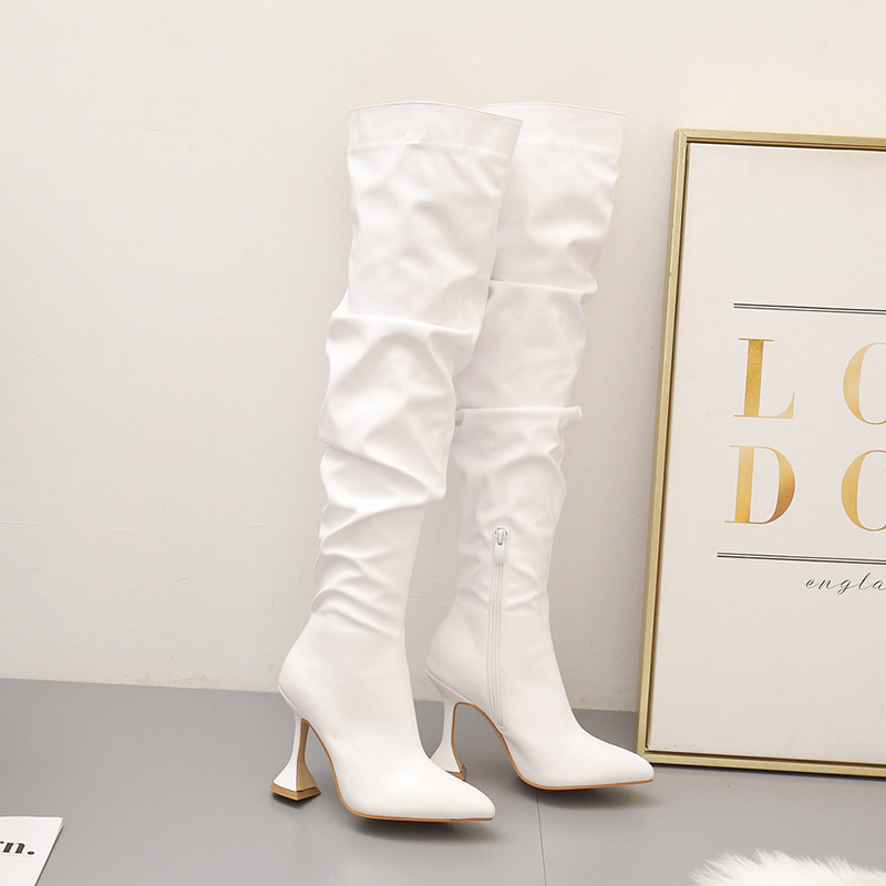 2020 Winter new boots Women's thin heel pointed white high heel knee boots leg slim wine cup heel 35-42