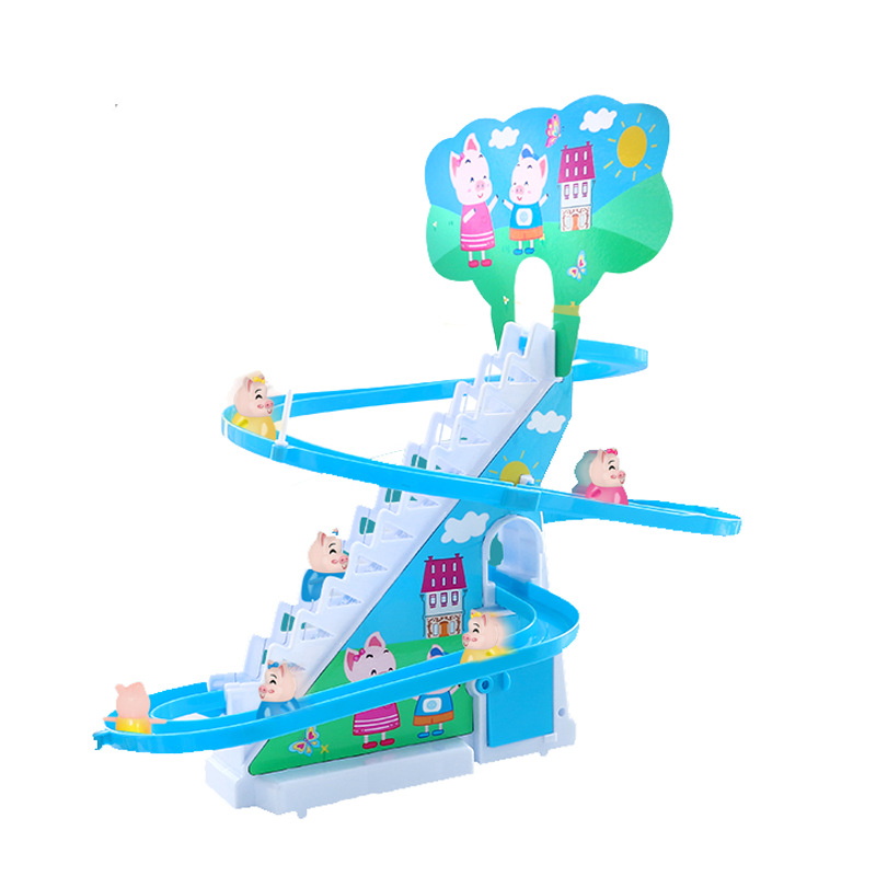 Sound and light pig stair climbing toy TikTok same style children's cute pig electric slide rail car children's toy